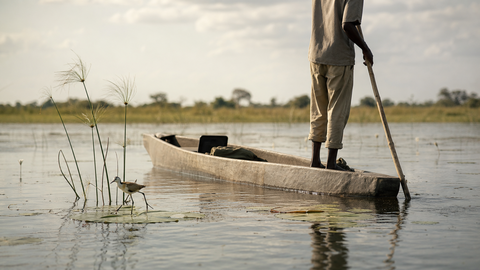 Okavango Delta Mokoro Safari: What It Is and What to Expect A poler pushes a narrow mokoro canoe through shallow water past a jacana walking on a lily pad.