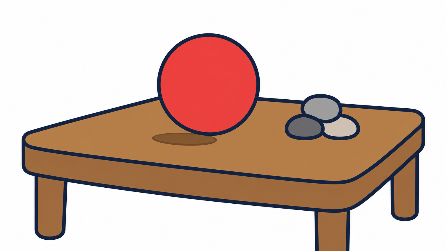 A rubber ball beside three pebbles, with a small dent in the table where it has just bounced.