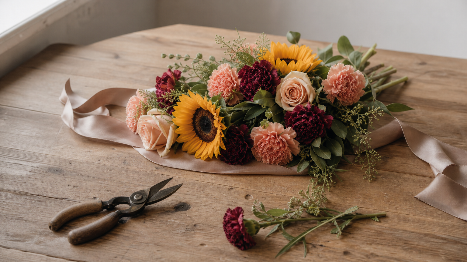 A loose bunch of roses, carnations, and sunflowers resting on a satin ribbon beside garden shears.