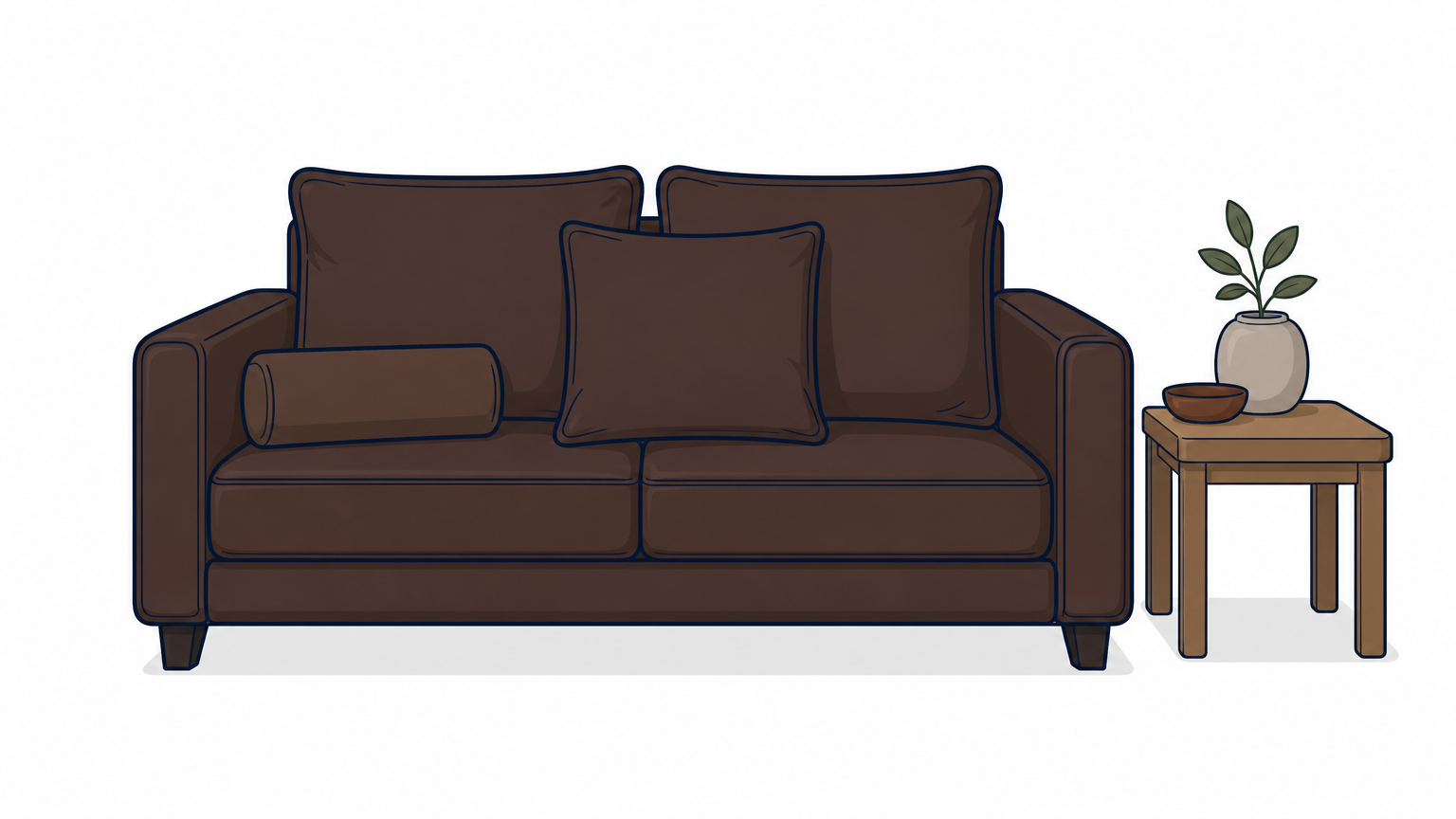 A brown leather sofa with two back cushions, one front cushion, and a lumbar cushion at one end.