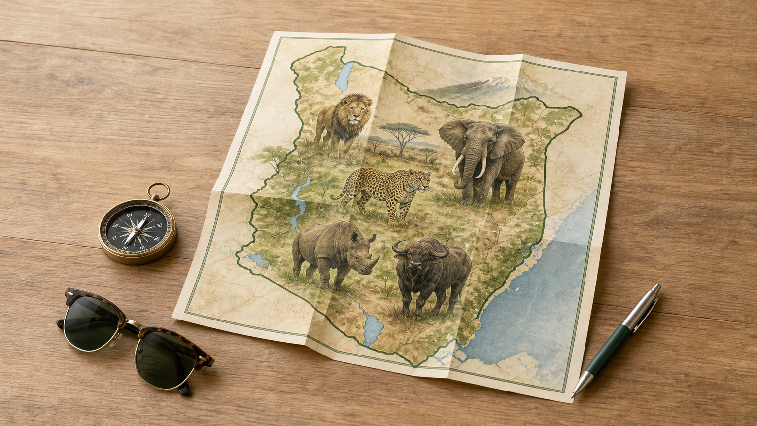 A folded paper map of Kenya rests on a table beside a compass, sunglasses and a pen.