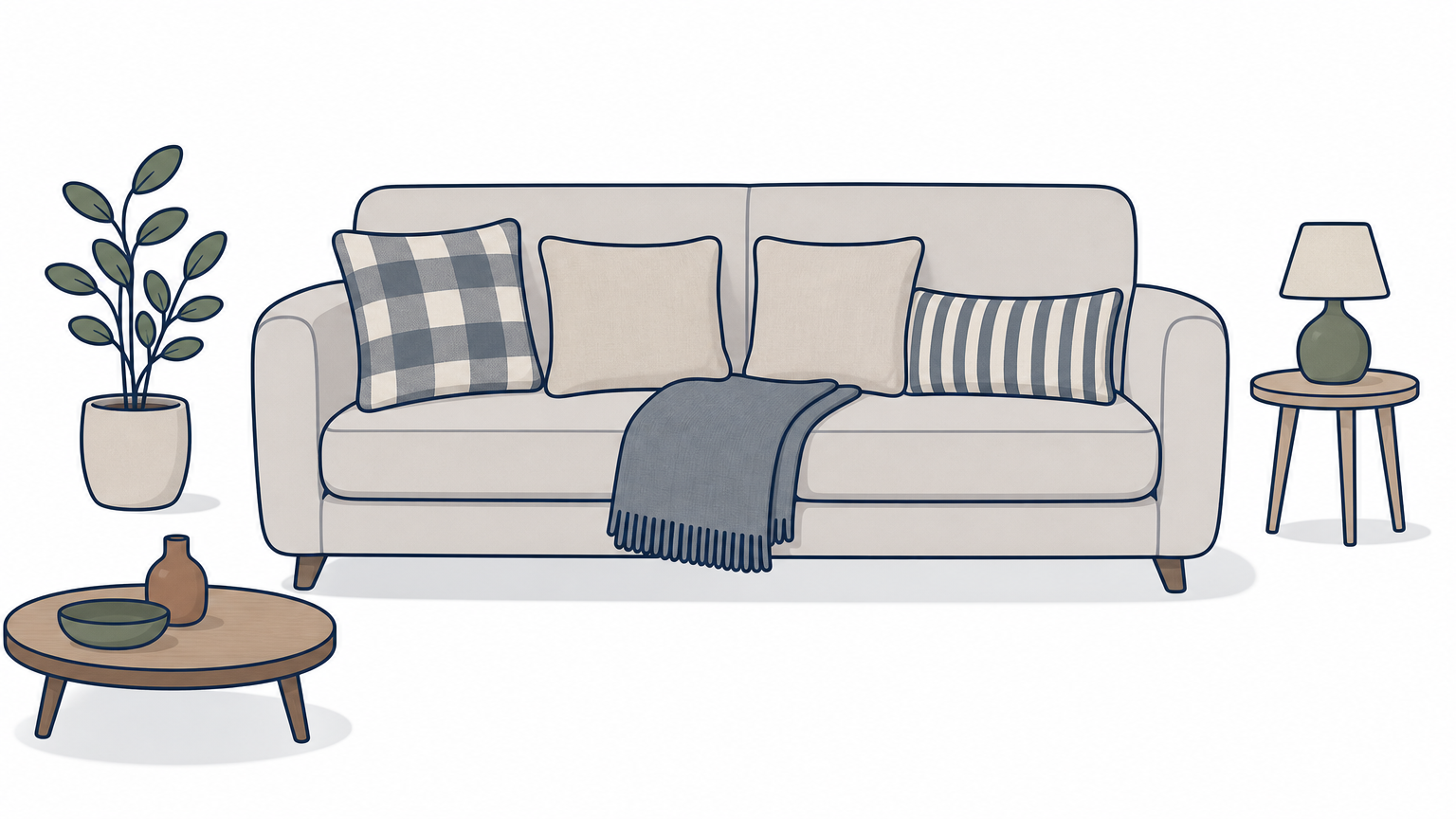 A sofa with a checked wool cushion on one end, a striped lumbar cushion on the other, and plain cushions between.