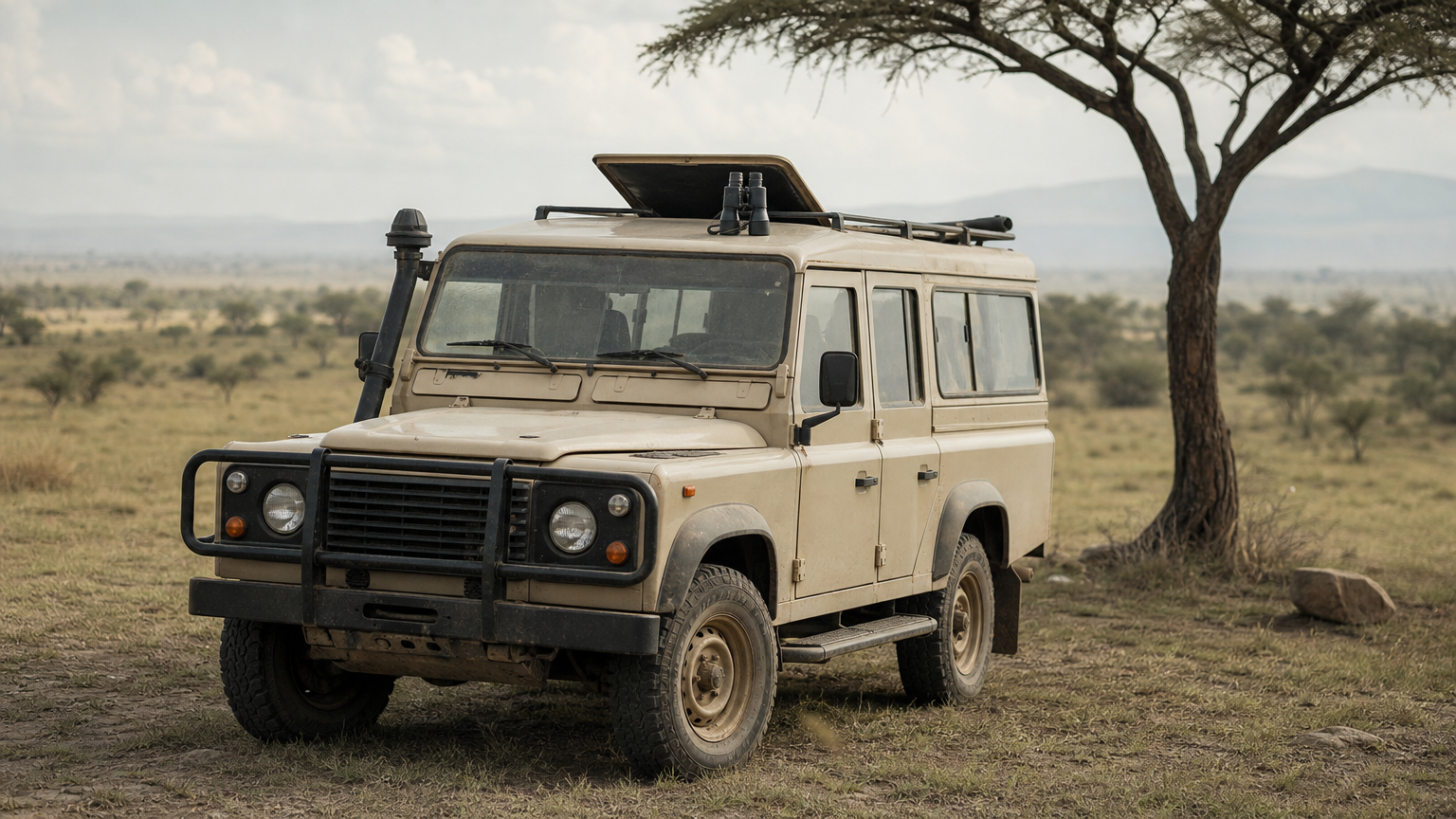A safari 4x4 vehicle parked on open savanna beside an acacia tree.