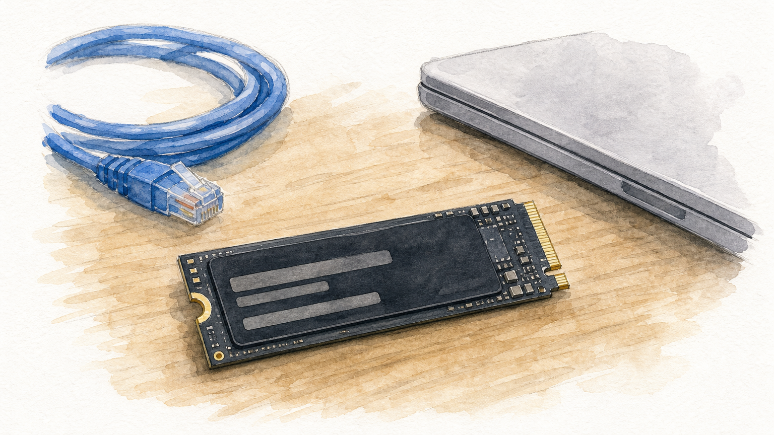A black NVMe solid-state drive lies on a desk beside a coiled blue ethernet cable and a closed laptop.