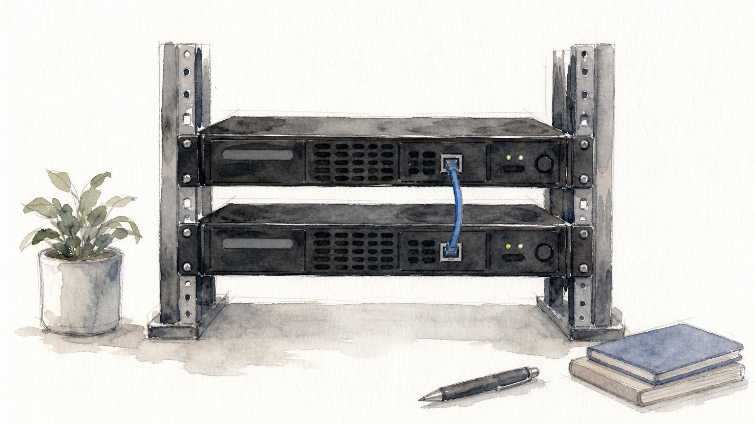 Two identical black rack-mount servers stacked in an open equipment rack, connected by a short network cable.