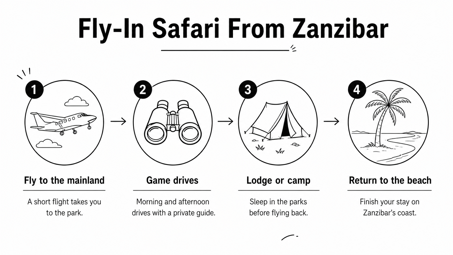 Four-step process graphic showing a fly-in safari from Zanzibar, from flight to return to the beach.