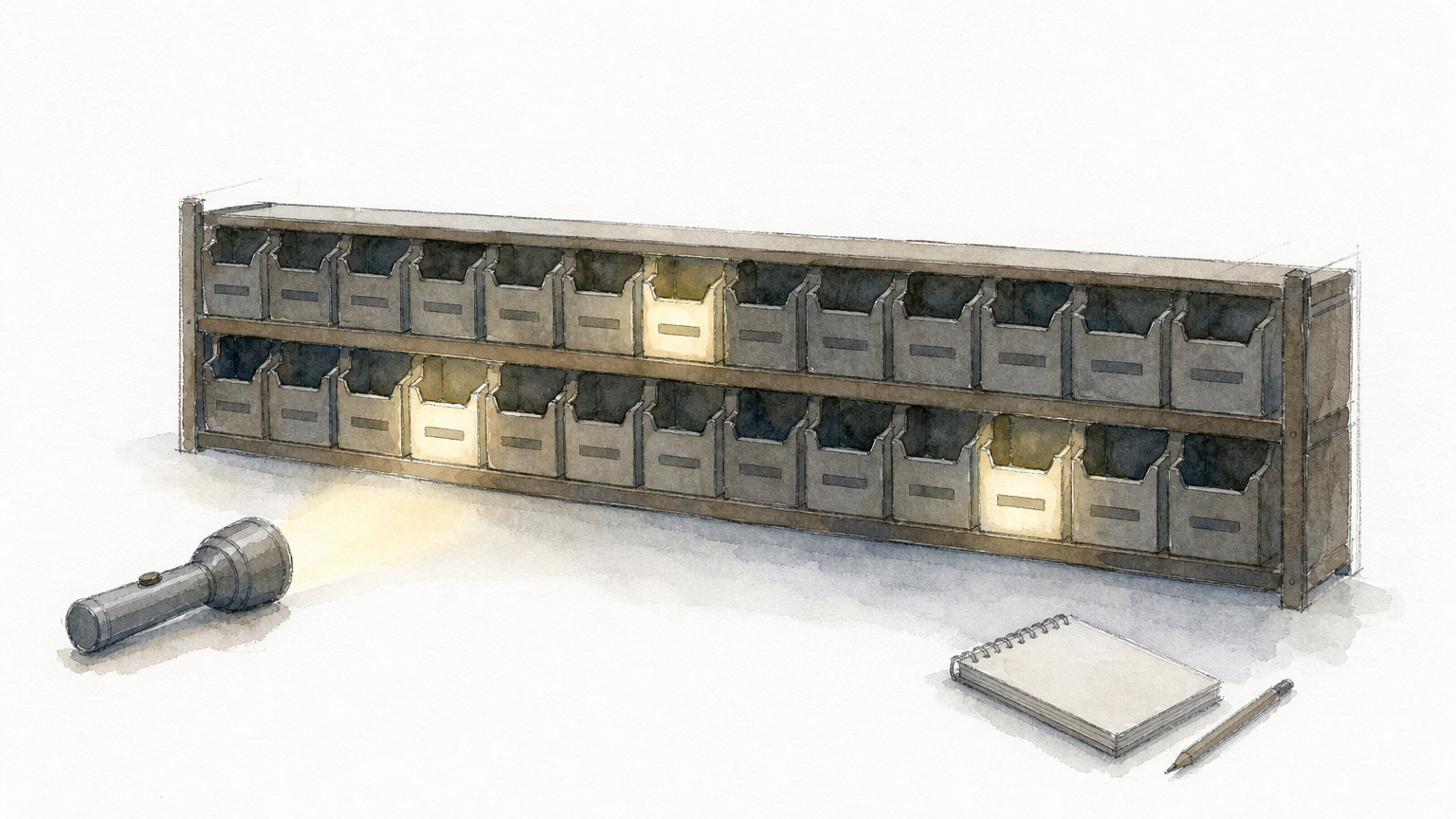 A long shelf of numbered bins, with only a few selected bins highlighted to show that most stay loaded but idle.
