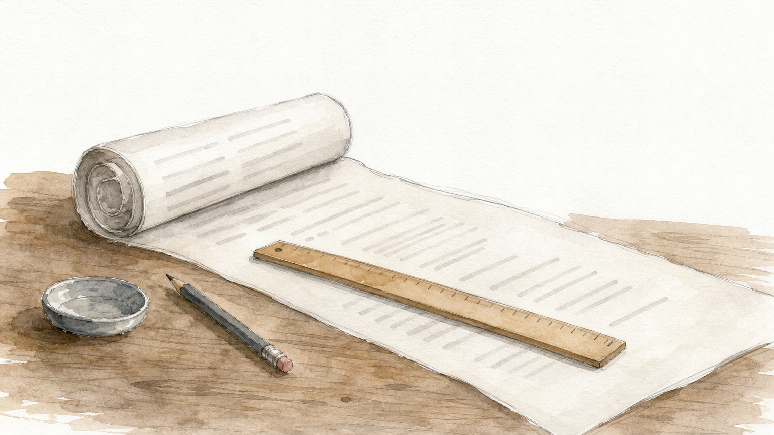 A long paper scroll unrolled across a desk, with a ruler and pencil beside its short visible section.
