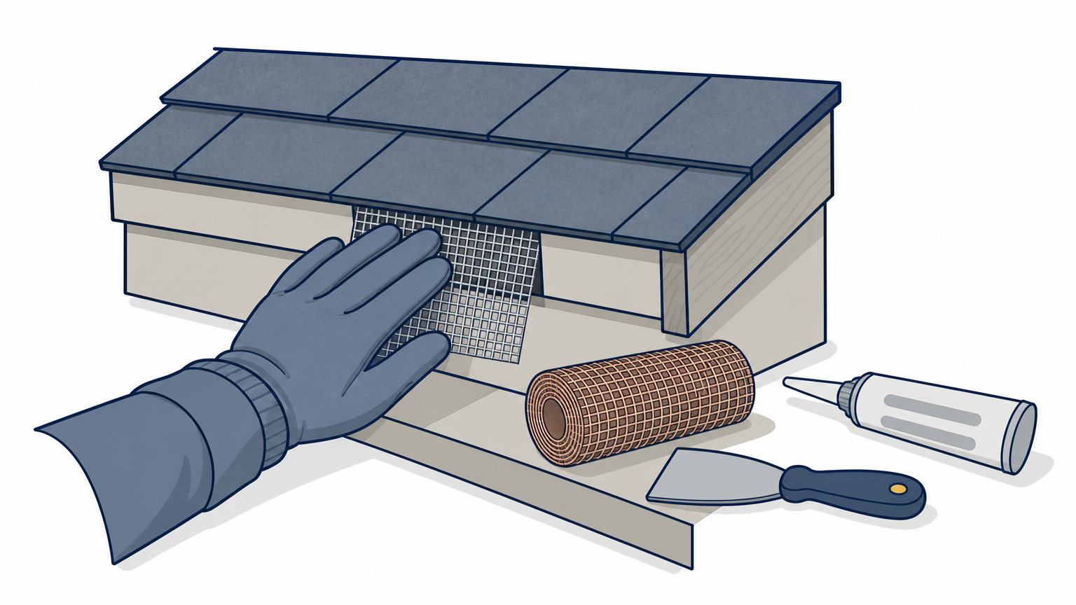 A gloved hand presses hardware cloth over a small roof gap, with copper mesh, sealant, and a putty knife nearby.