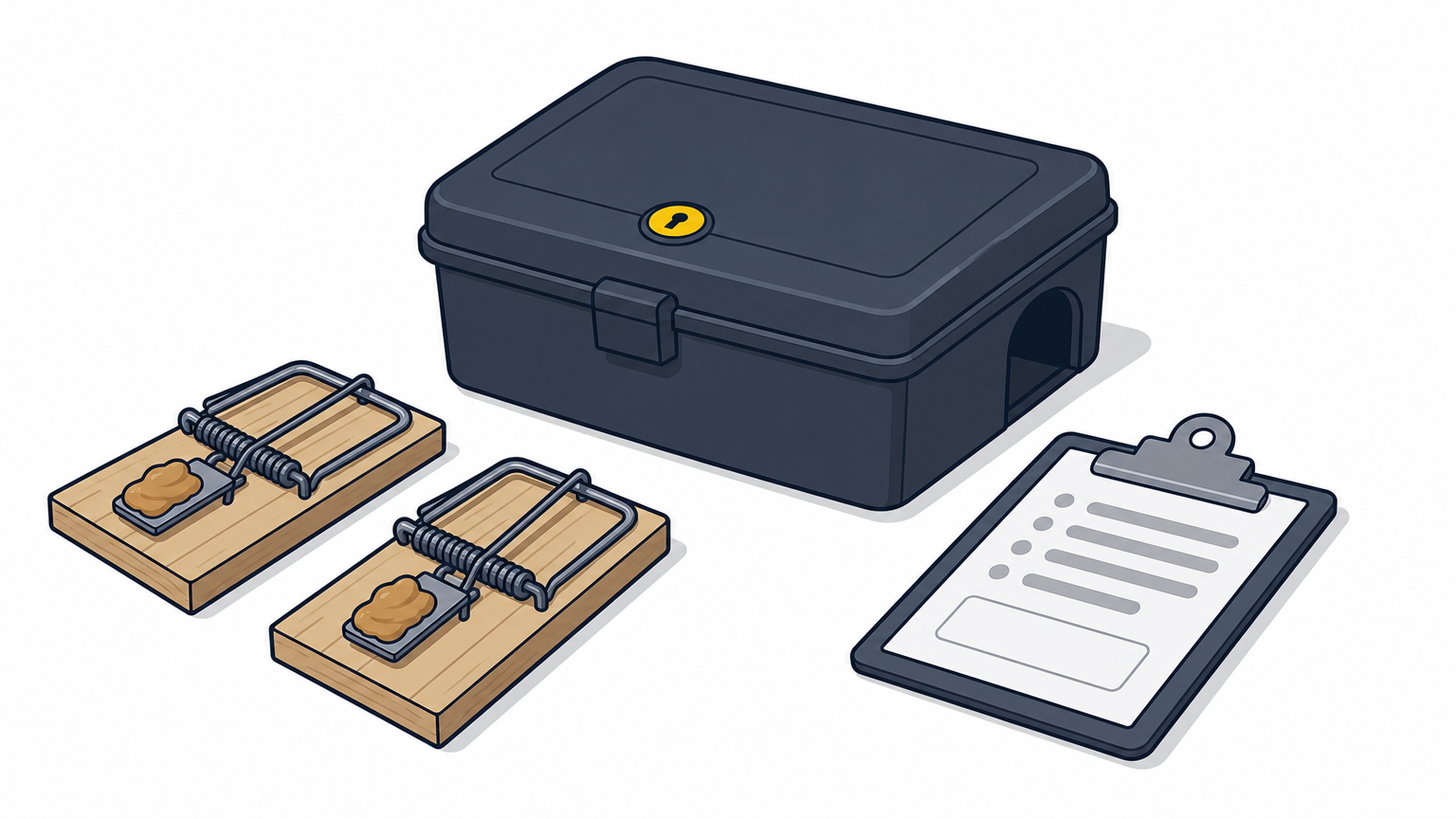 Two set snap traps and a locked bait station sit on a garage floor beside a clipboard.