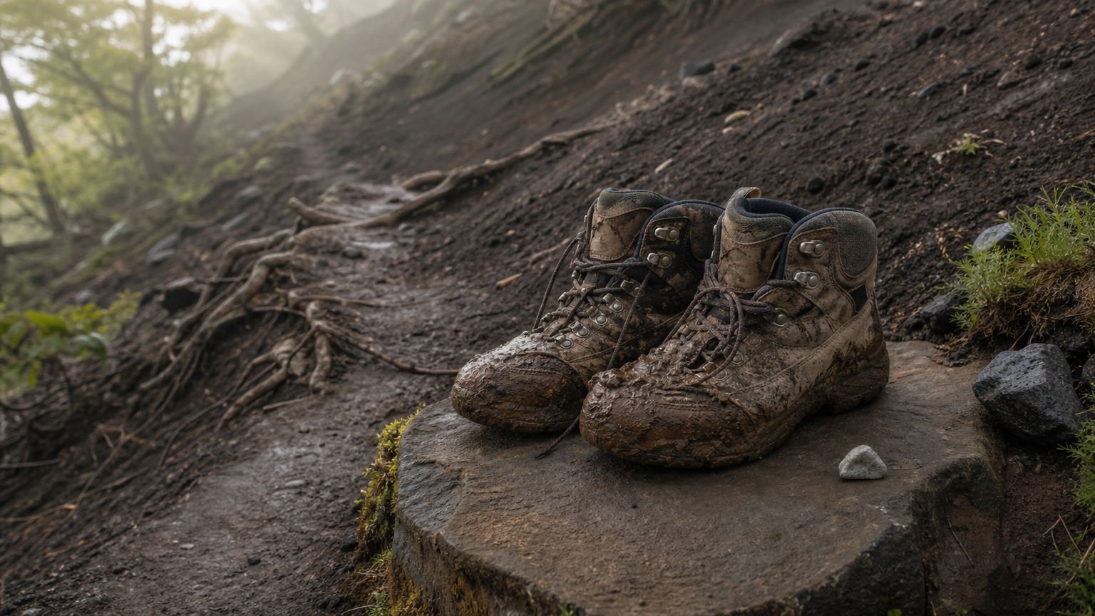 A muddy forest trail with protruding roots and a pair of mud-caked hiking boots resting on a stone.