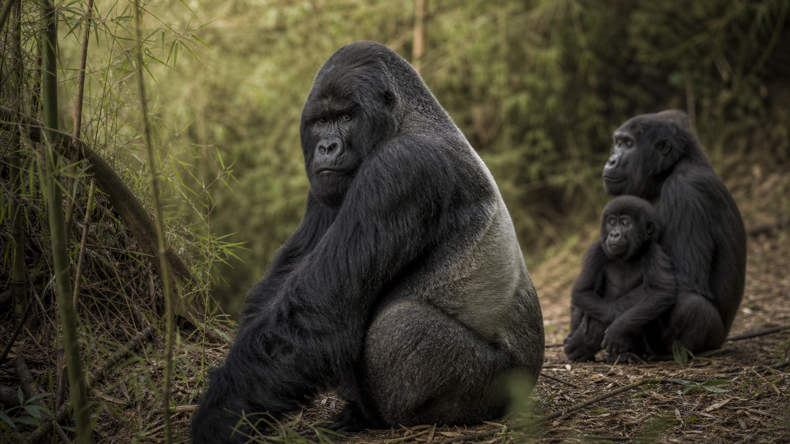 A silverback gorilla with a silver saddle sits in a bamboo clearing, with a mother and young nearby.