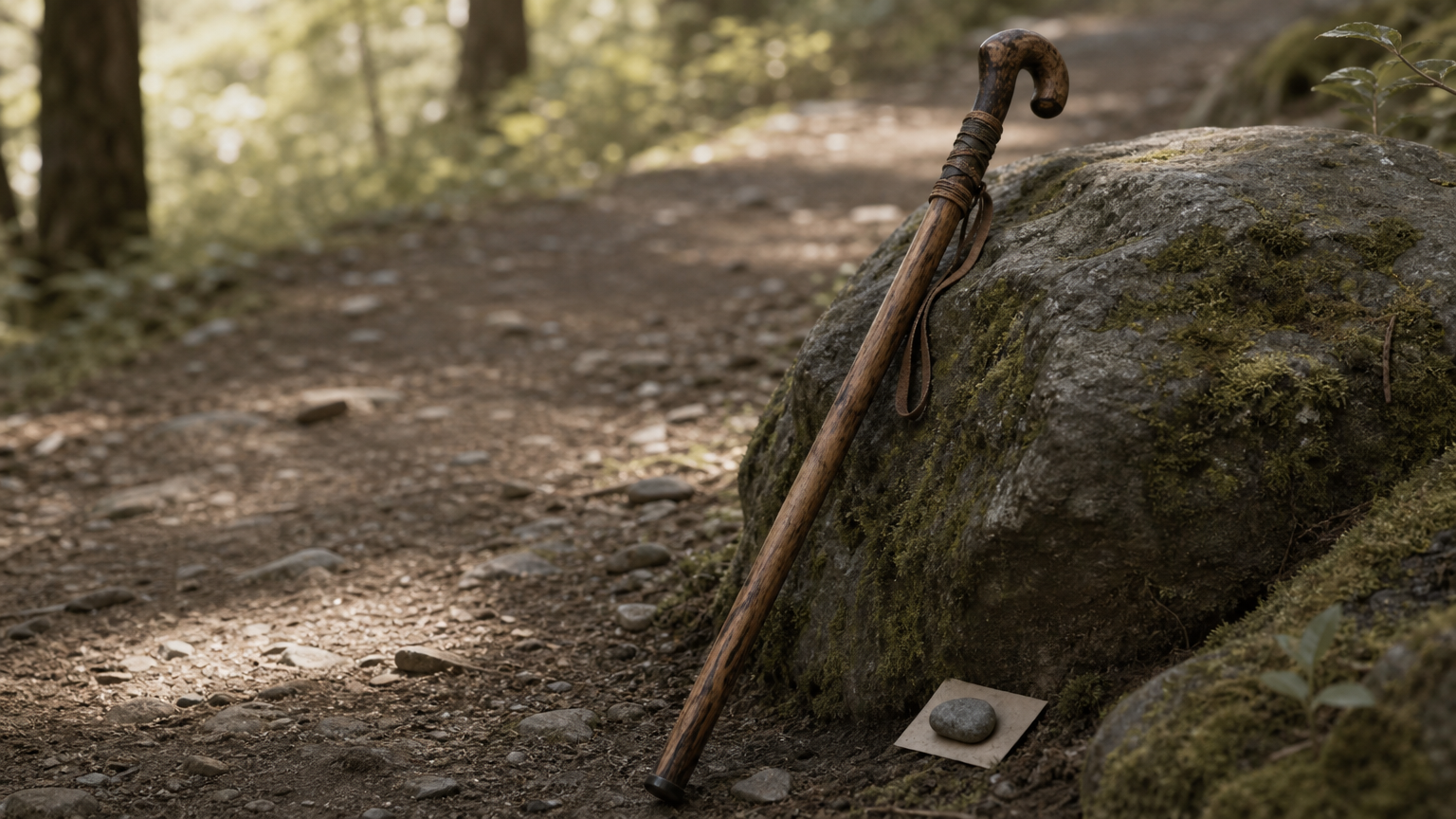 A wooden walking staff leans against a mossy stone beside a paper permit card at a forest trailhead.