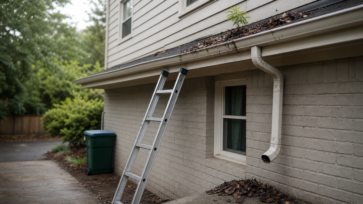 A two-story house with a ladder against the wall beside a gutter packed with leaves and debris.