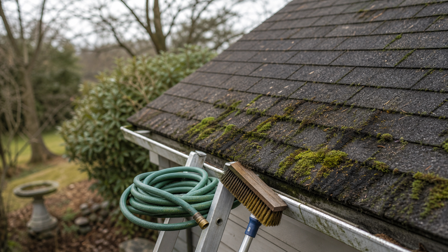 A pitched shingle roof edge covered in green moss patches and dark algae streaks above a gutter.