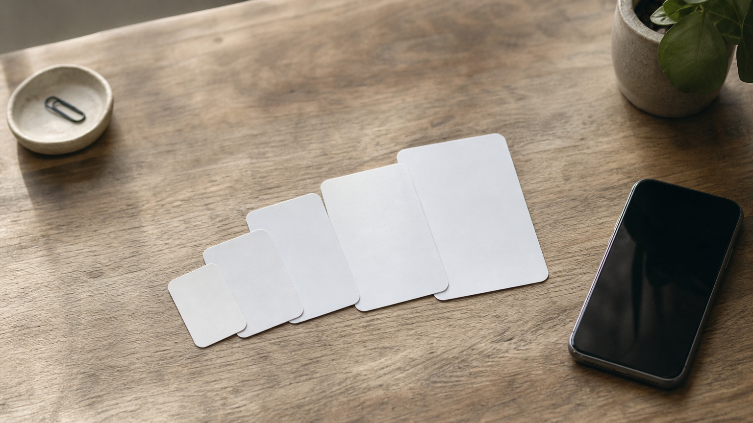 Five gift cards of increasing size fanned out in a row beside a phone on a desk.