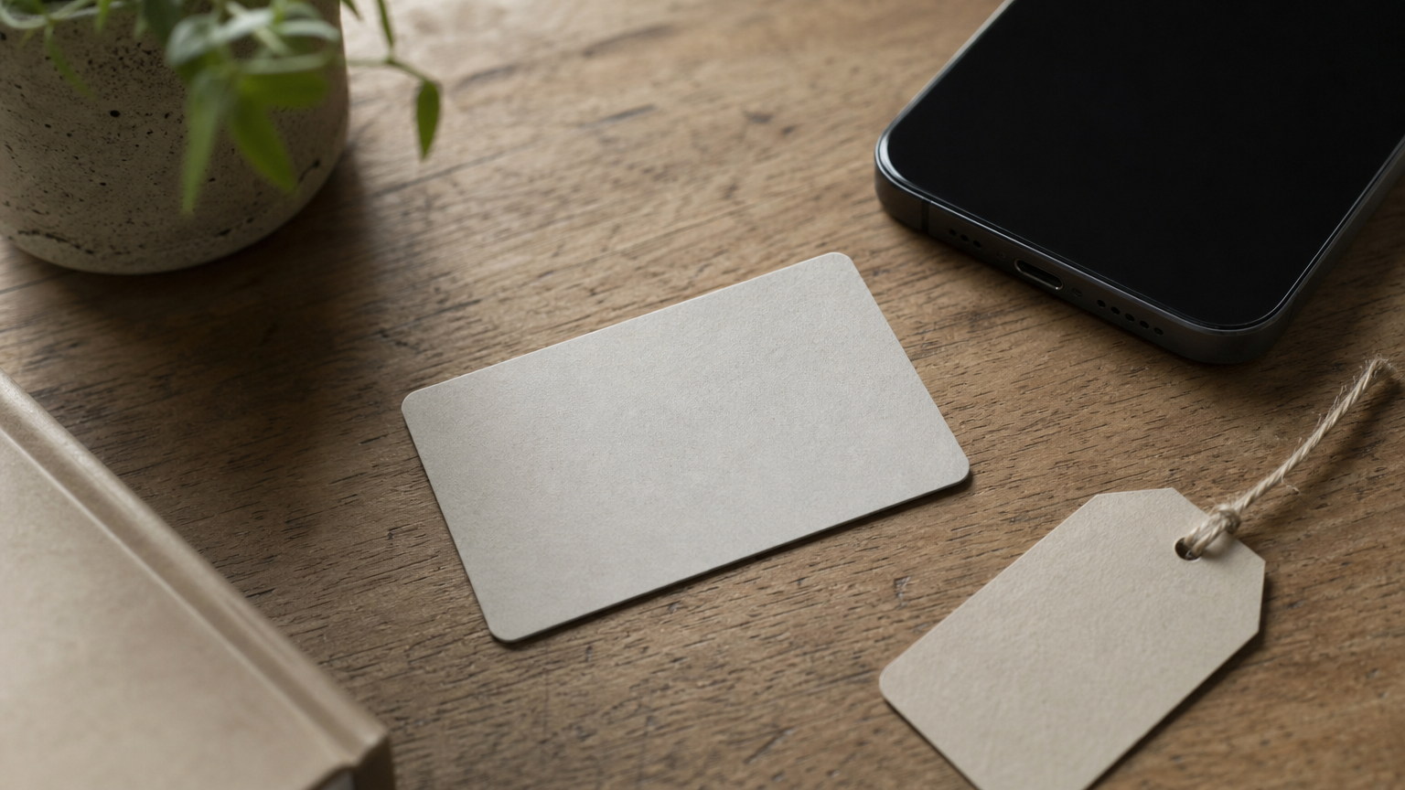 A small gift card lies beside a phone and a blank price tag on a desk.