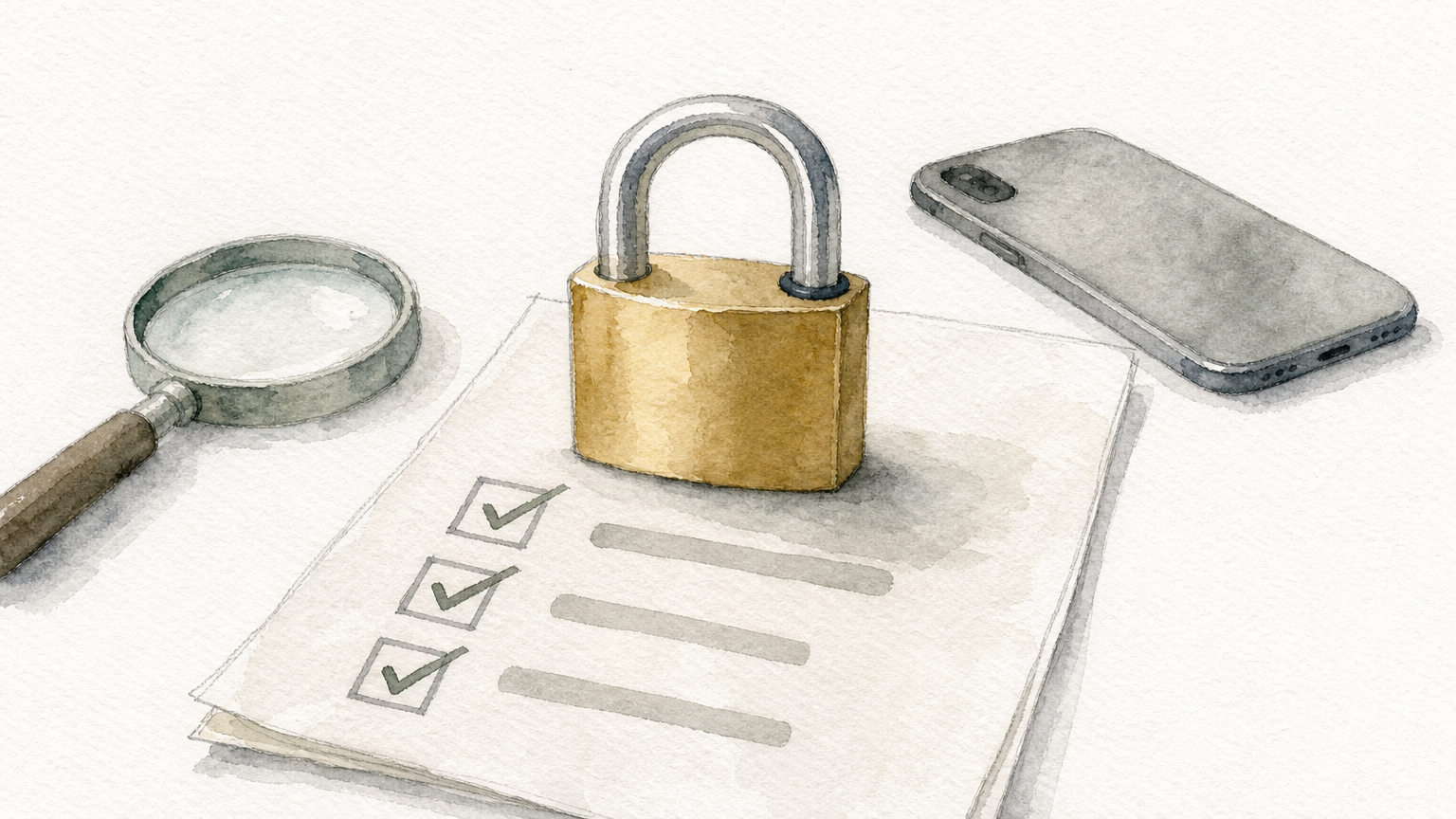 A padlock, a ticked checklist, and a magnifying glass arranged on a table beside a smartphone.