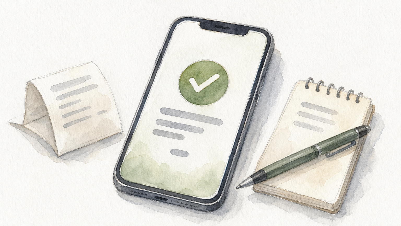 A smartphone displaying a confirmation tick sits beside a folded slip and a notepad with a pen.