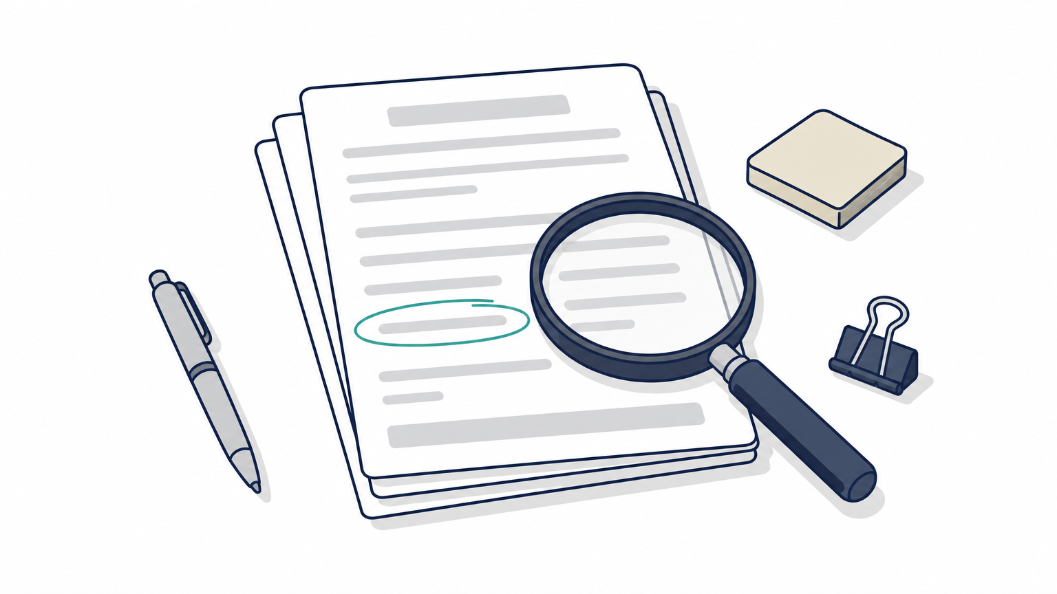 A magnifying glass rests on a stack of paper claim forms, with one line circled on the top form.