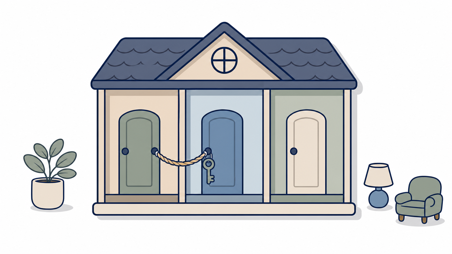 A dollhouse building with three enclosed rooms, a key on one door, and a rope linking two doors.