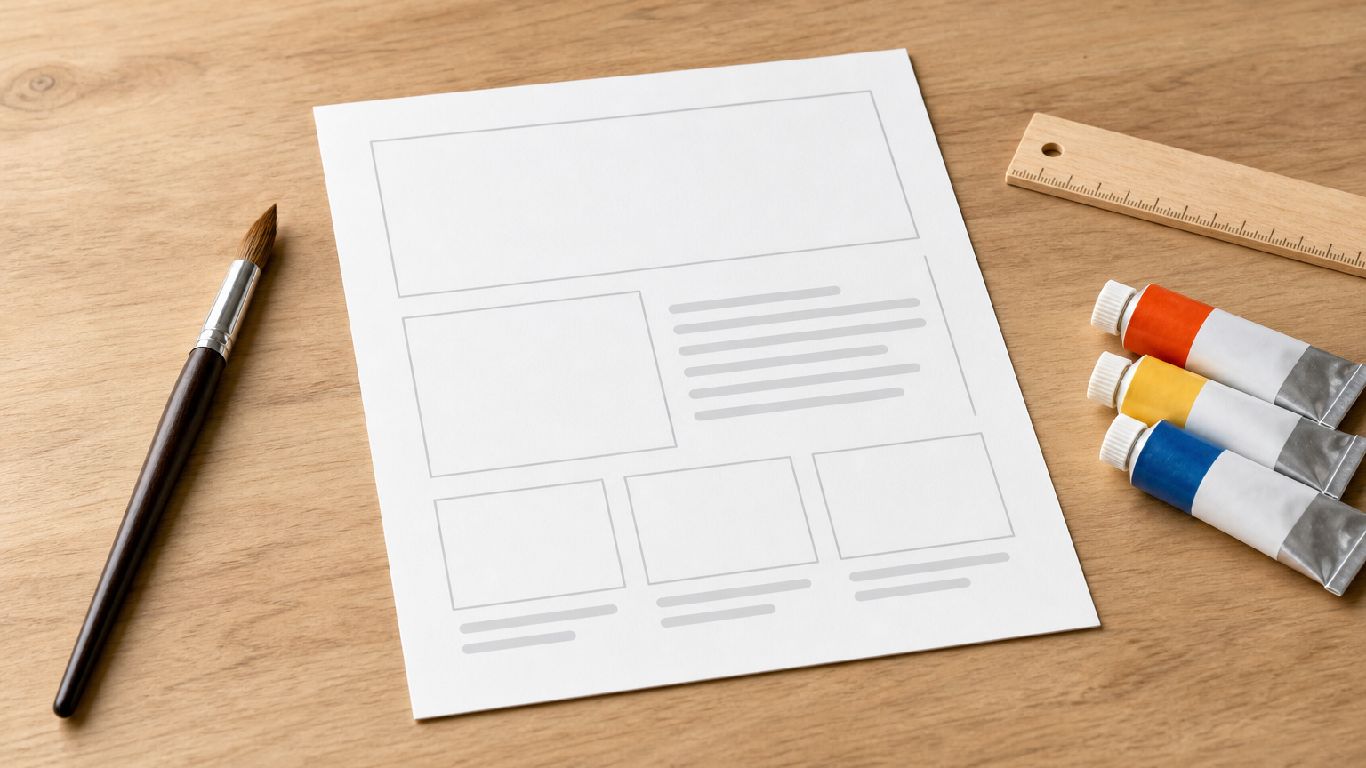 A paper page outline sits on a desk beside a paintbrush, a ruler, and a stack of paint tubes.