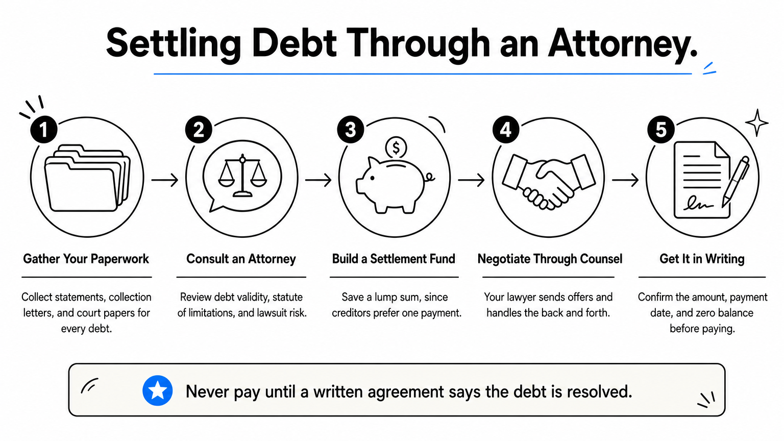 Five numbered steps showing how a debt settlement with an attorney moves from paperwork to a written agreement.