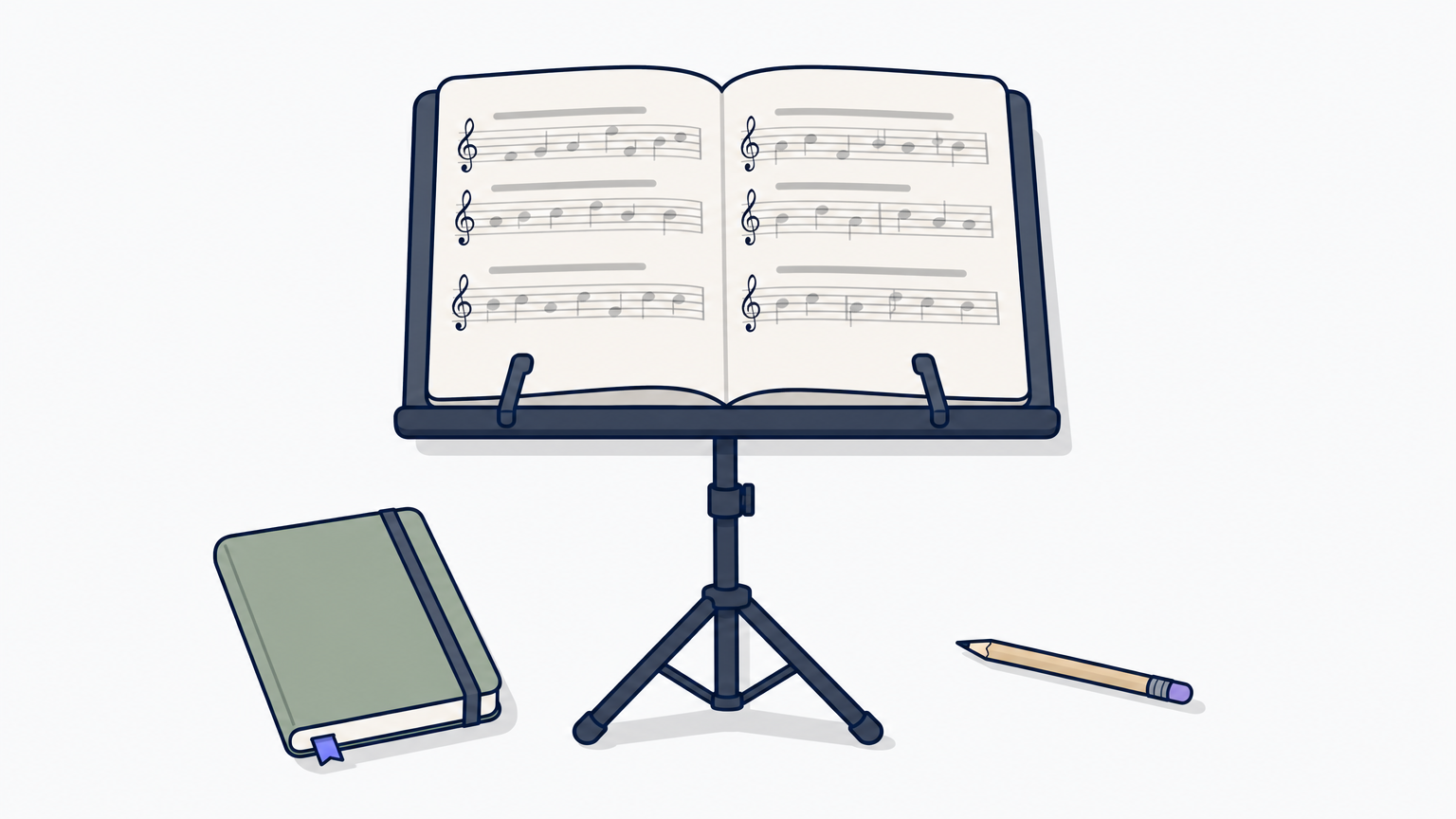 An open printed score on a music stand beside a closed notebook and a pencil.