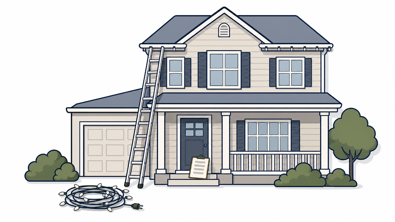 A two-story house with a ladder, a coiled light strand, and a clipboard with a written quote beside it.