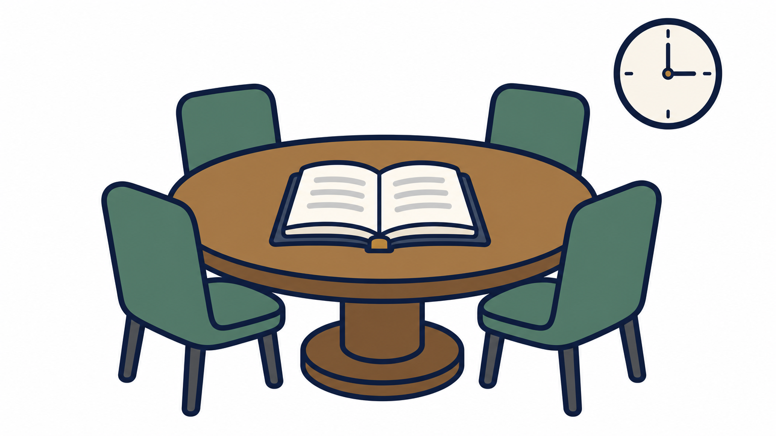 A round table with four chairs, an open Quran in the center, and a wall clock beside it.