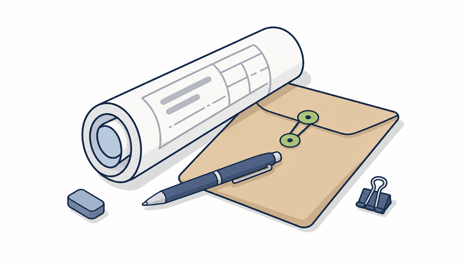 A rolled blueprint sits beside a sealed envelope on a desk, with a pen resting across them.