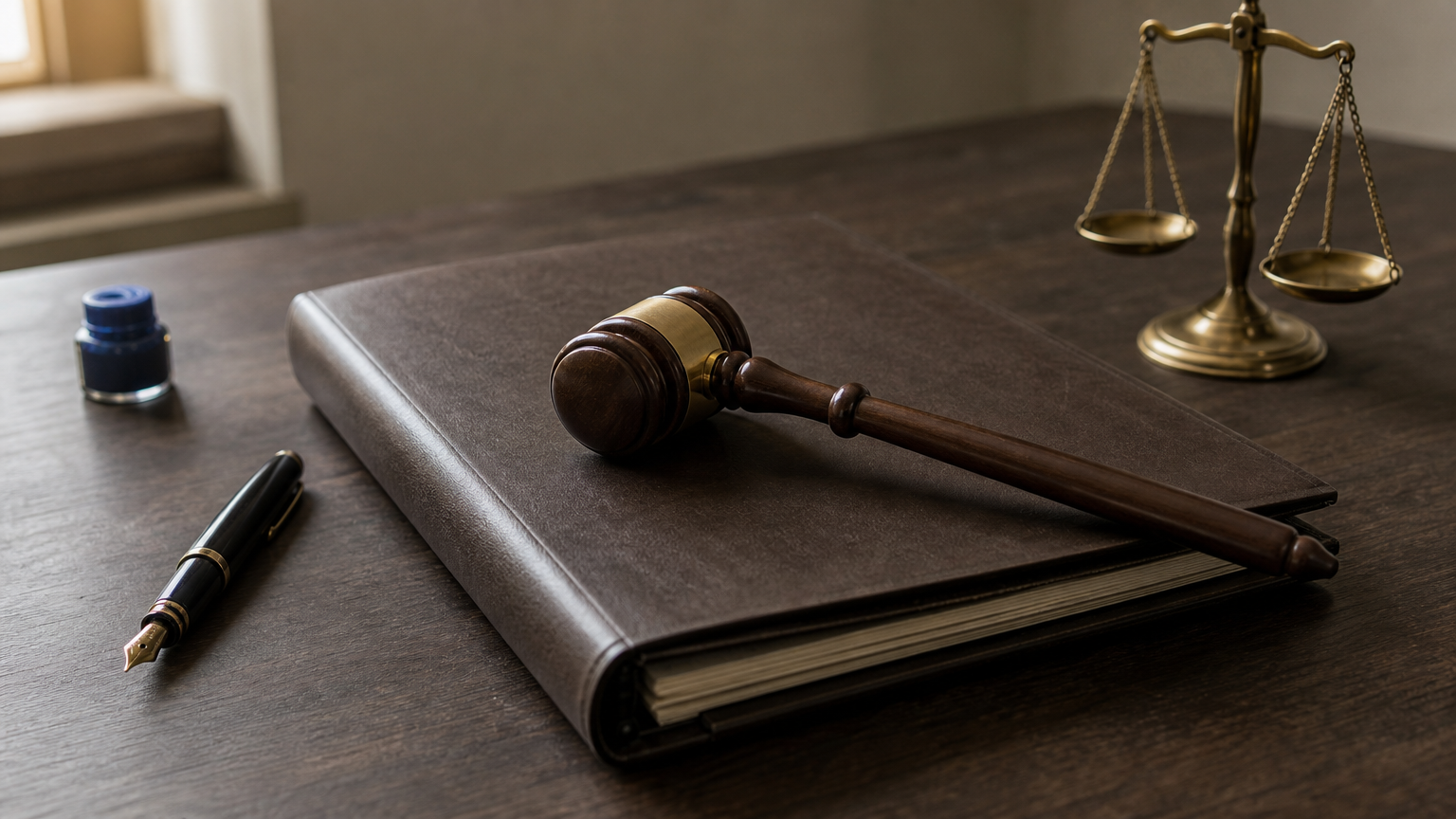 A gavel rests on a closed legal folder beside a pen and a brass balance scale.
