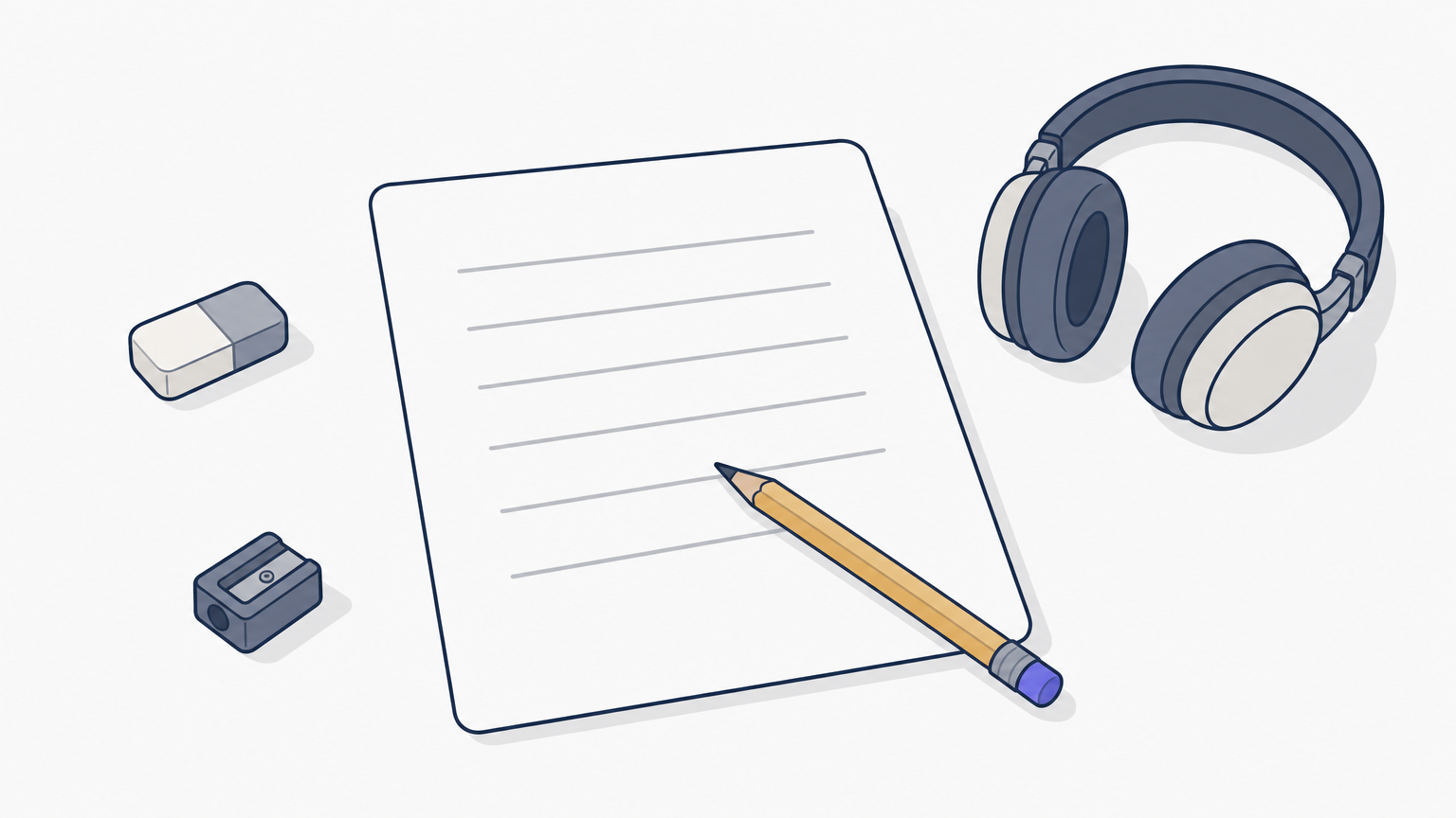 A sheet of paper with six drawn lines, a pencil, and headphones on a table.