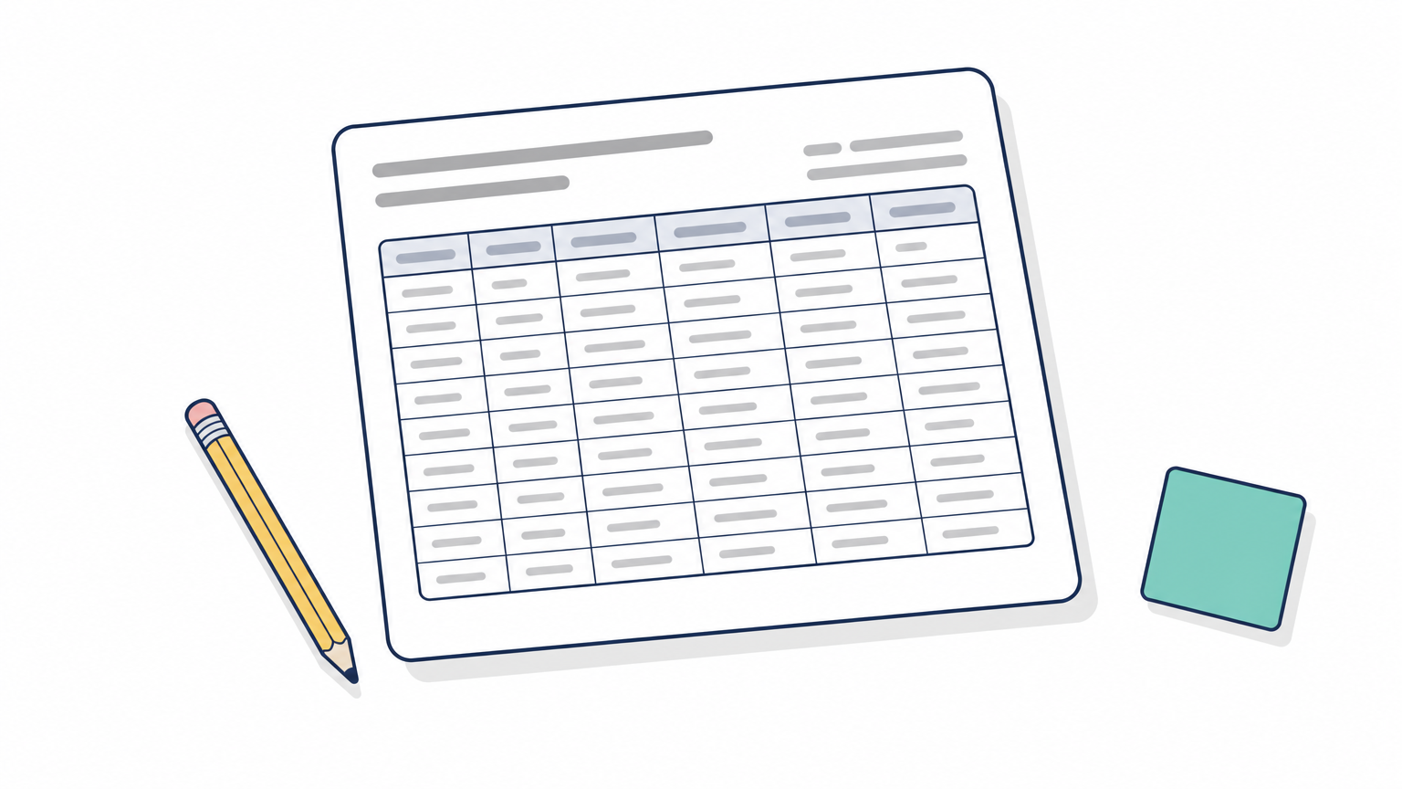 A printed spreadsheet of claim data lies on a desk beside a pencil and a sticky note.