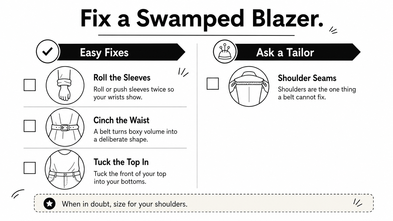 A checklist infographic splitting easy blazer fixes from the one problem that needs a tailor.