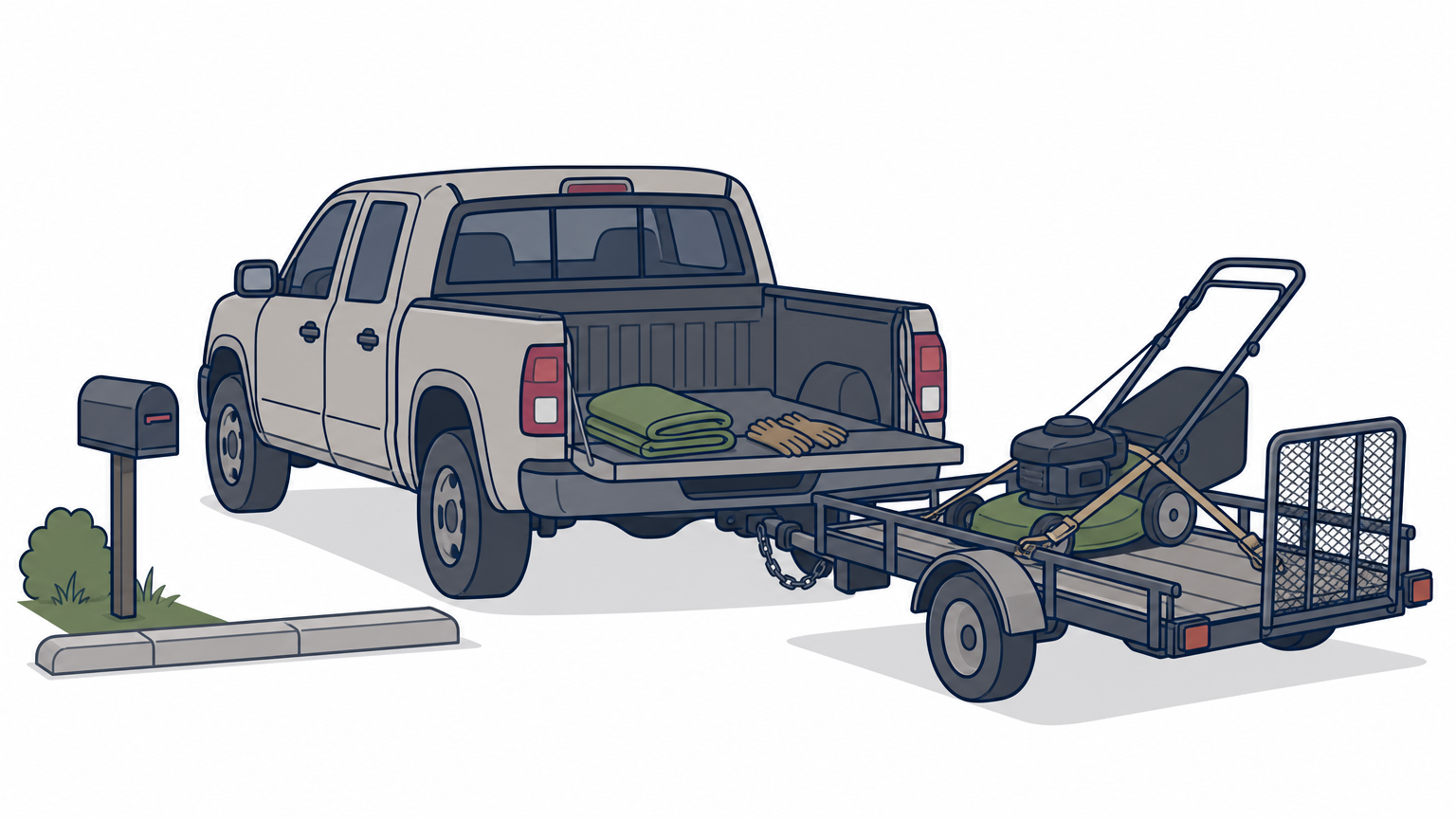 A pickup truck at a curb pulls a trailer carrying a mower, with work gloves resting on the tailgate.
