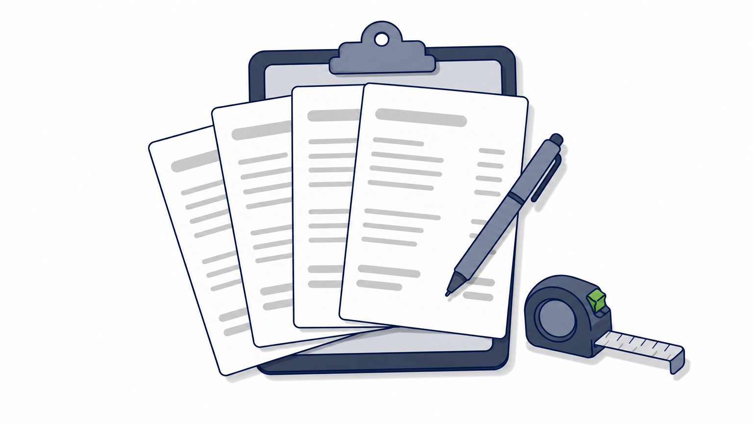 Three printed quote sheets fanned on a clipboard with a pen and measuring tape beside them.