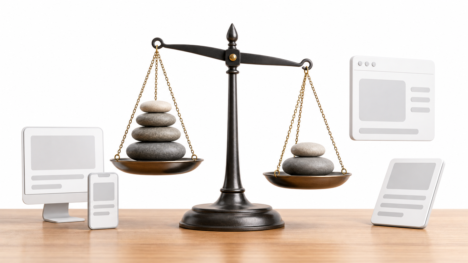 A balance scale tips slightly, with a taller stack of pebbles on one pan than on the other.