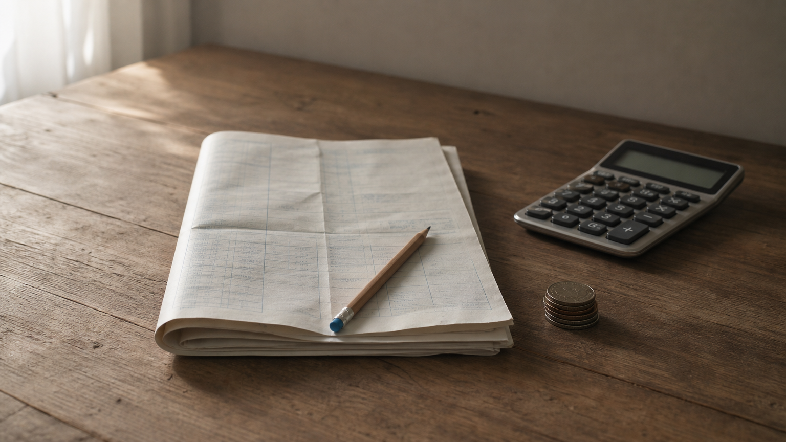 A folded tax form, a pencil, a calculator, and a small stack of coins sit together on a desk.