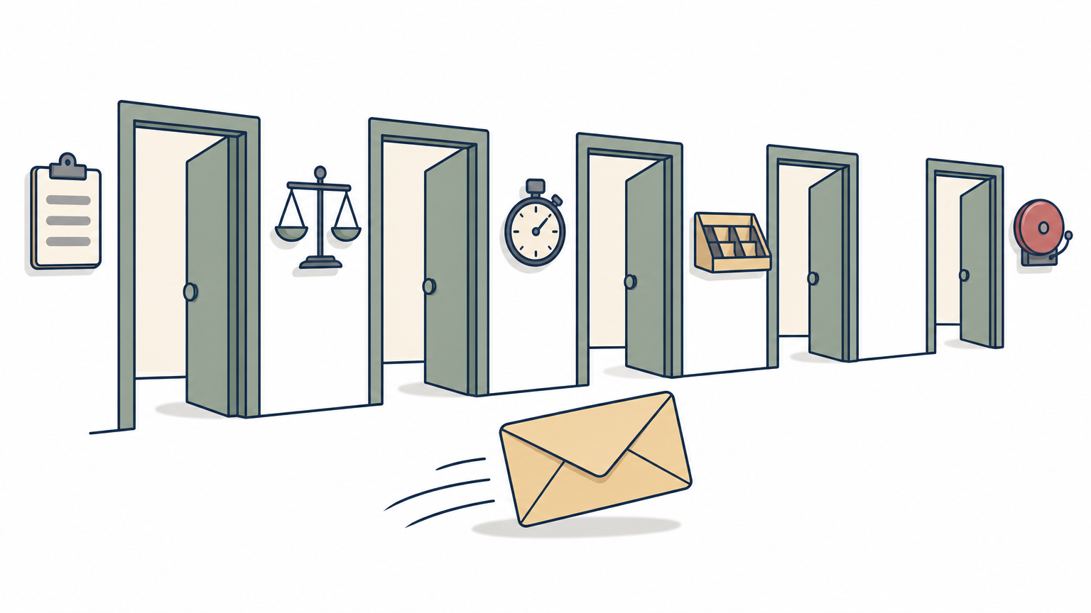 A paper envelope moving down a hallway past five doorways, each with a different tool hanging beside it.