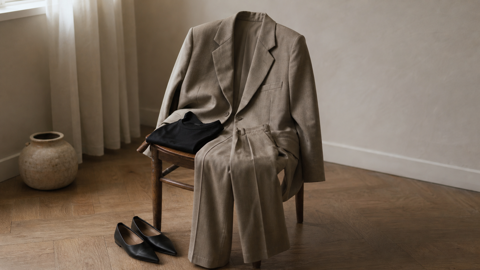 An oversized blazer and wide-leg trousers laid on a chair with a fitted tank and pointed flats.