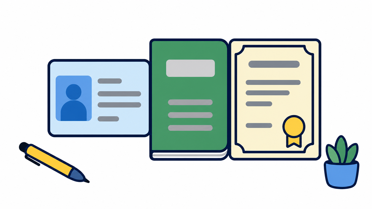 A PAN card, bank passbook, and registration certificate lie side by side on a desk with aligned edges.