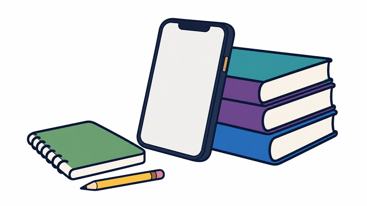 A smartphone leaning against a stack of closed books, with a notebook and pencil beside it.