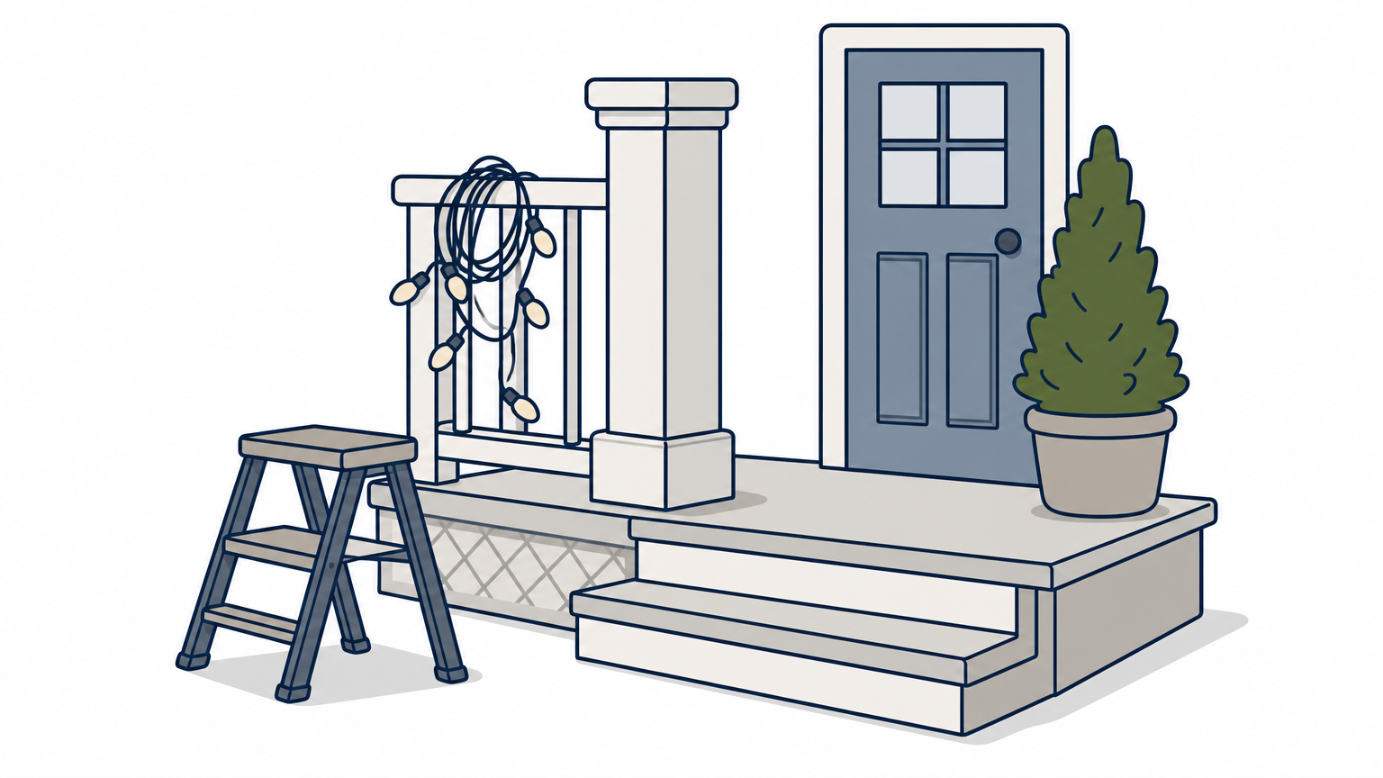 A stepladder beside a porch column with light strands over the railing and a potted evergreen by the door.