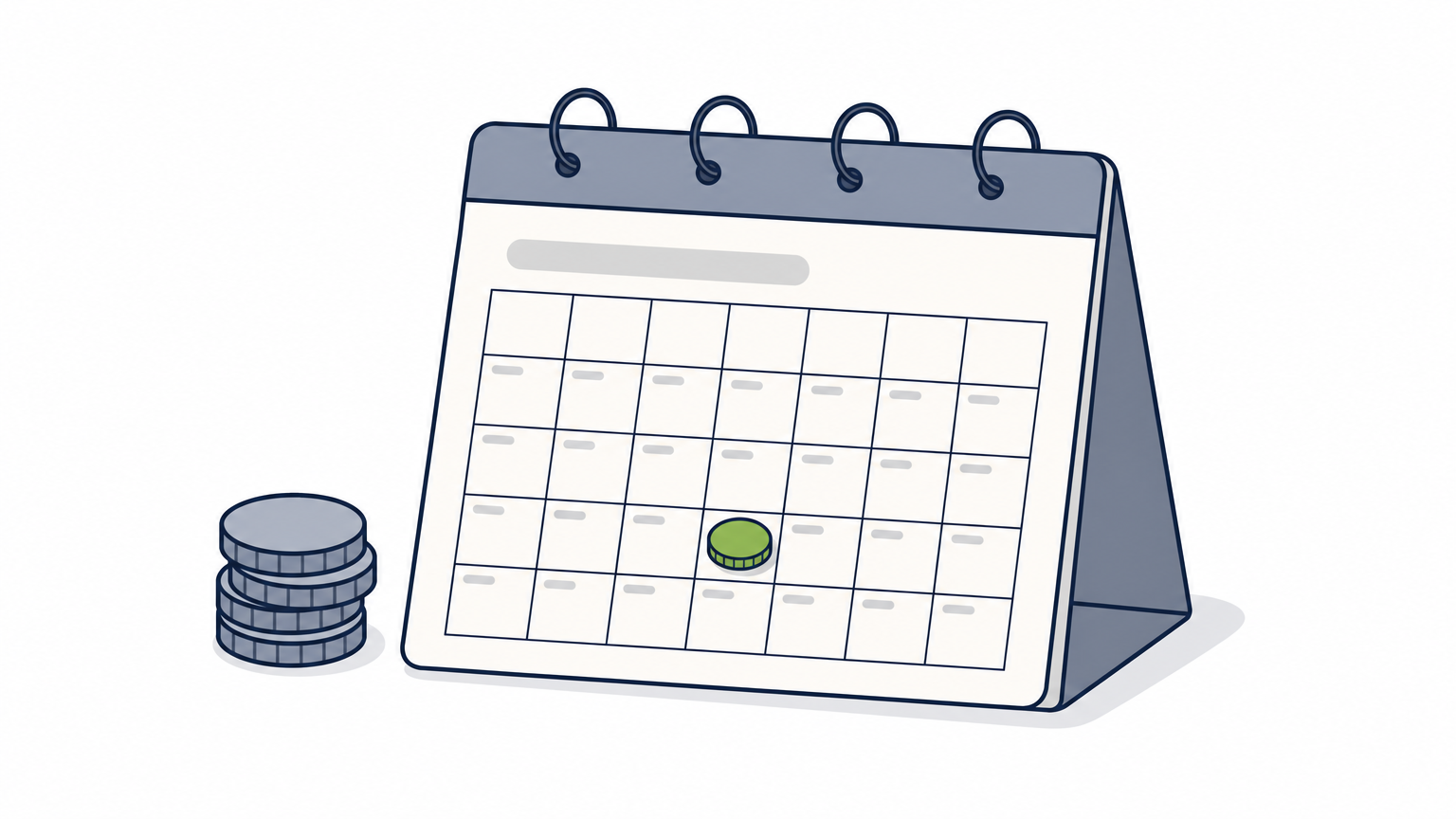 A wall calendar sits beside a stack of coins, with one coin resting on a date.