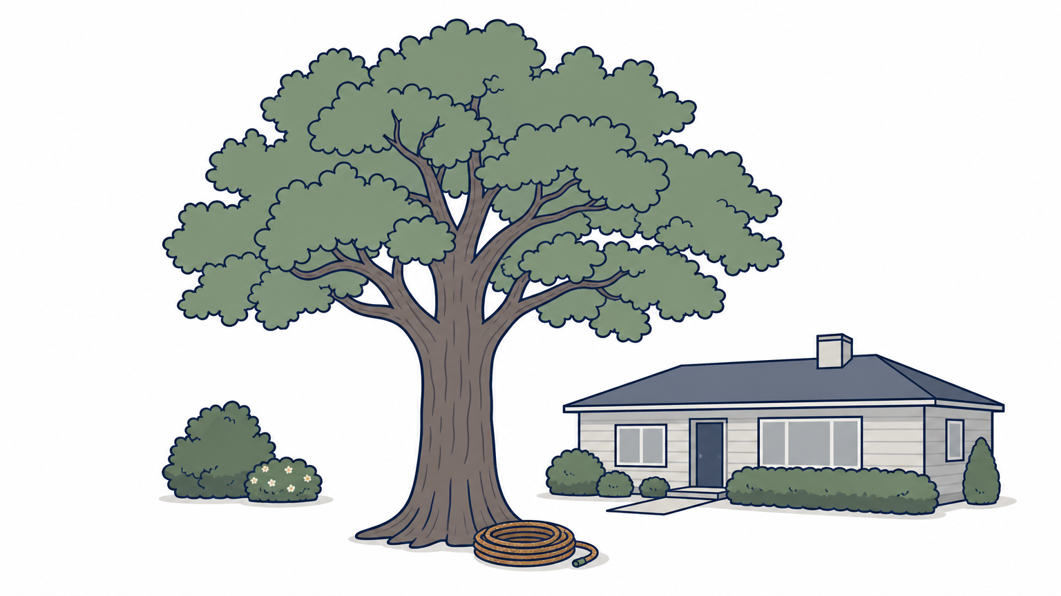 A tall oak in an open lawn beside a single-story house, with a coil of climbing rope on the grass.
