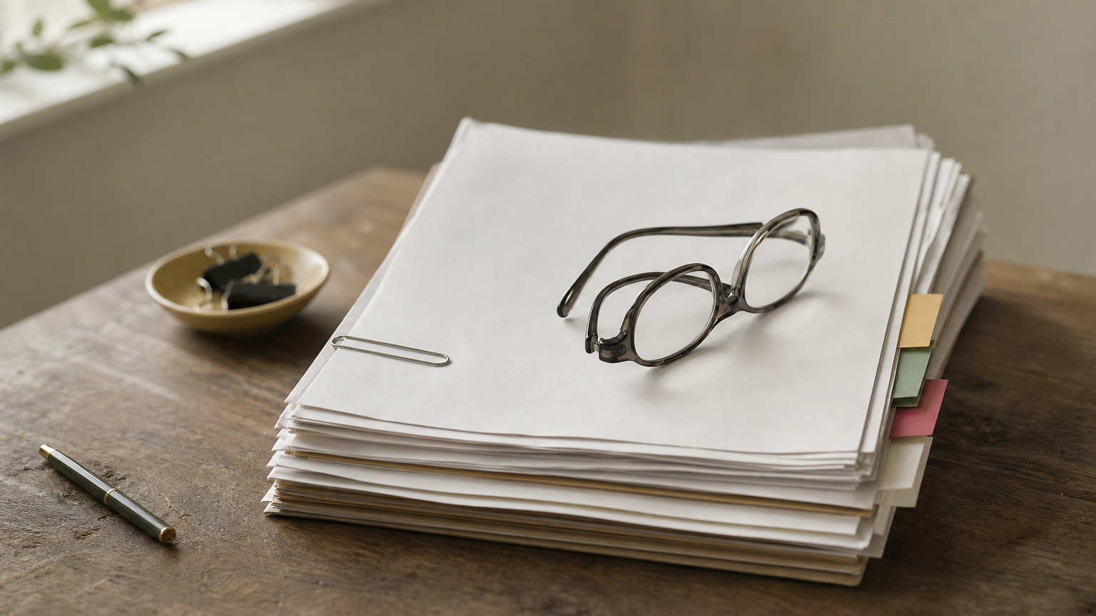 A stack of printed forms with tab dividers and reading glasses resting on top.