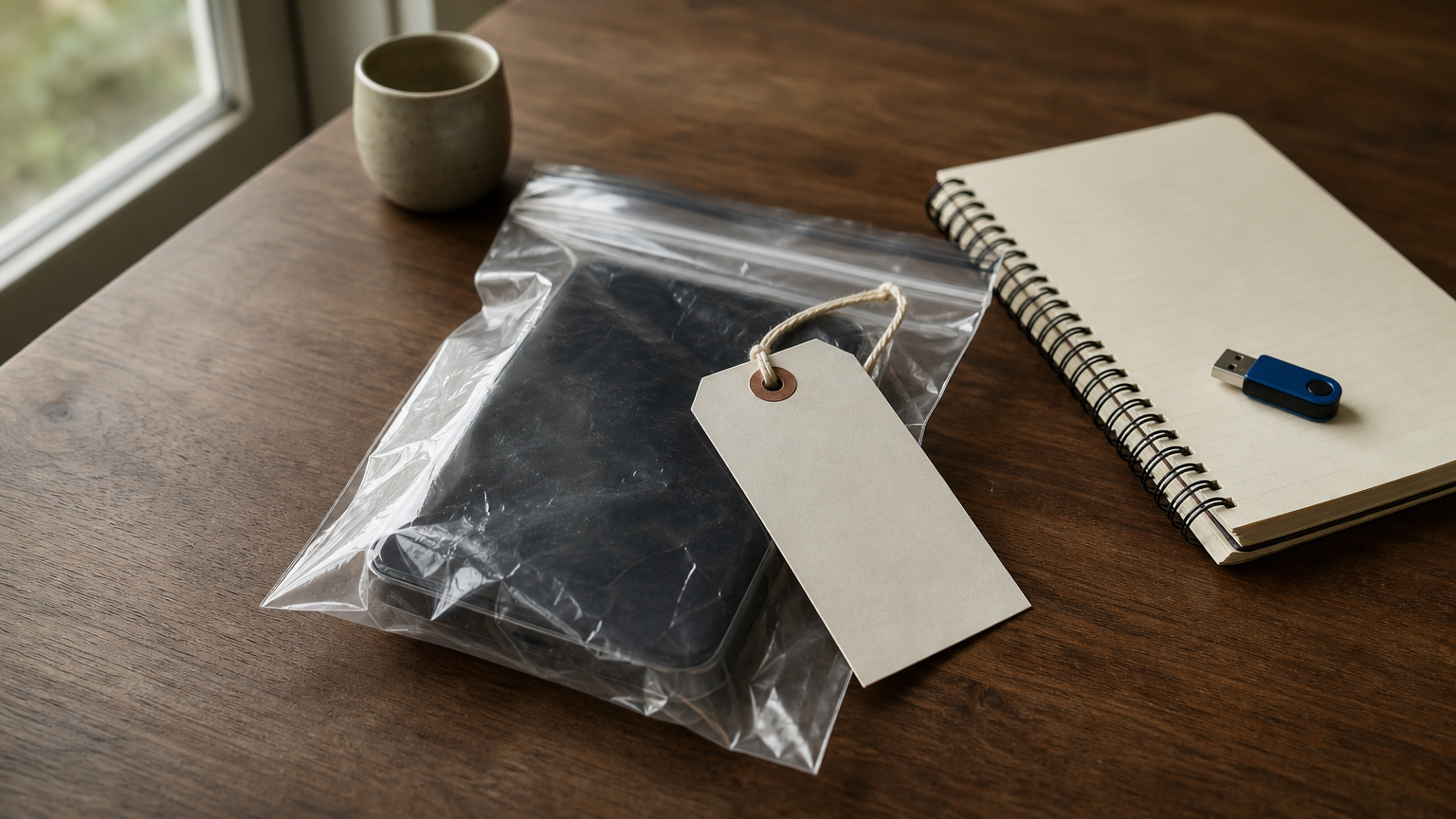 A sealed evidence bag with a blank tag sits beside an open notebook and a USB drive on a desk.