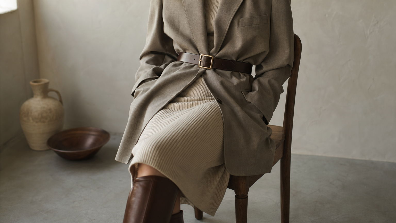 A leather belt cinched at the waist over an open oversized blazer above a knit midi dress.