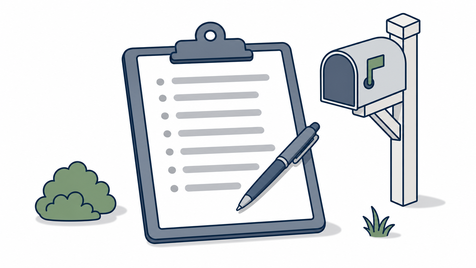 A printed HOA vendor list on a clipboard sits beside a neighborhood mailbox with a pen across the page.